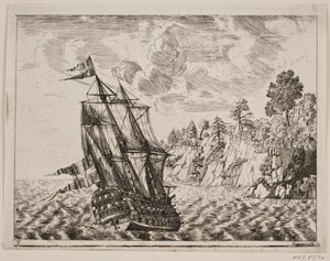 Navio de guerra dinamarquês em uma costa rochosa de Poul Isac Grønvold