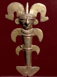 Arte pré-colombiana, civilização Quimbaya (Colômbia): pingente antropomórfico em ouro. 400-1400 AD. Bogotá, Museo de Oro, Colômbia