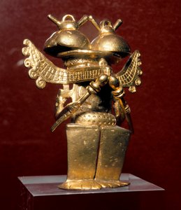 Arte pré-colombiana, civilização Quimbaya (Colômbia): estatueta antropomórfica em ouro. 400-1400 AD. Madrid, Museo de América