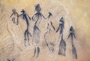 Dança fálica de tipo estilizado-naturalista, arte mesolítica (pintura mural) de Prehistoric Prehistoric