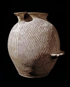 Pré-histoire: vaso de cerâmica policromada de Jericó. 3000-2100 BC. Amman, Museu Arqueológico, Jordânia de Prehistoric Prehistoric