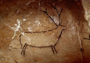 Pré-história : um veado. Pintura de caverna paleolítica superior (Magdaleniana) (16.500 e 14.000 anos atrás). Idade da pedra. Caverna de Las Chimeneas, Monte Castillo, Espanha.