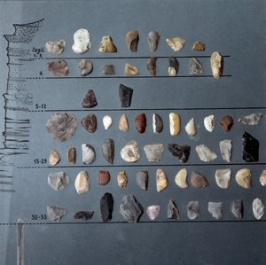 Pré-história, cultura de Pontiniano: pedras e sílex (produção lítica) da Caverna de Moscerini, Lazio. Idade da Pedra. Paleolítico Superior. Roma, Museo Nazionale Preistorico Etnografico Luigi Pigorini. de Prehistoric Prehistoric