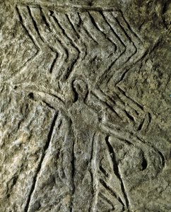 Pré-história, arte rupestre: petróglifo (grafite sobre pedra) de uma representação de uma figura humana. neolítico, idade da pedra. (Azerbaijão) Idade do Bronze. Baku, Museu de História da Religião do Estado do Azerbaijão de Prehistoric Prehistoric