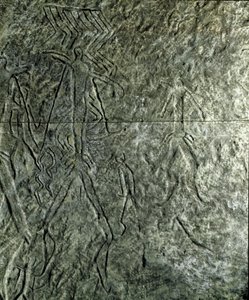 Pré-história, arte rupestre: petroglifos (grafite sobre pedra) de figuras humanas. neolítico, idade da pedra. (Azerbaijão) Idade do Bronze. Baku, Museu de História da Religião do Estado do Azerbaijão de Prehistoric Prehistoric