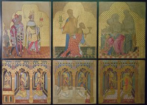 Reconstrução de uma pintura mural originalmente na Capela de Santo Estêvão, representando na linha inferior L-R: Thomas Woodstock (1355-97), Edmund Langley, John of Gaunt (1340-99), Lionel (1338-68), Edward, The Black Prince (1330-76) e St.