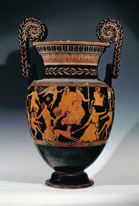 Cratera voluta ática em figura-vermelha, decorada com uma cena de atores e músicos se preparando para uma performance, em grego, de Ruvo, século V aC (cerâmica) (ver também 119444, 119446-7) de Pronomos Painter