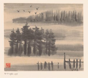 Aves acima da paisagem da floresta de Prosper Alphonse Isaac