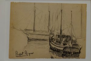 barcos, Narcís Puget Riquer, desenho a carvão, museu Puget, casa nobre de Can LLaudis , Dalt Vila, Ibiza, ilhas Baleares, Espanha