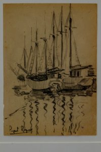 veleiros, Narcís Puget Riquer, desenho a carvão, museu Puget, casa nobre de Can LLaudis , Dalt Vila, Ibiza, ilhas Baleares, Espanha