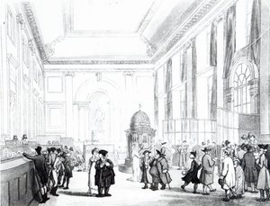 Banco da Inglaterra, Great Hall, de "Microcosmo de Londres", de Ackermann, 1809 (aquatinta) de Pugin and Rowlandson