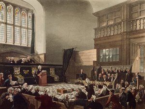 Tribunal do Exchequer, Westminster Hall, de "O Microcosmo de Londres", gravado por JC Stadler (fl.1780-1812), pub. por R. Ackermann (1764-1834) 1808 (aquatinta colorida)