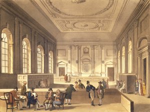 Dividend Hall na South Sea House, pub. por R. Ackermann, 1810 (aquatinta)