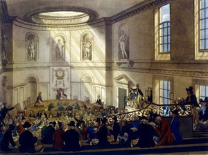 Casa da Índia, a sala de venda, do "Microcosmo de Londres de Ackermann", gravada por Joseph Constantine Stadler (fl.1780-1812), 1808 (aquatint) de Pugin and Rowlandson