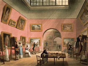 Alunos aprendendo a pintar e fazer cópias de fotos na Instituição Britânica, Pall Mall, de Ackermann&39;s `Microcosm of London &39;, 1808 (gravura com wc)