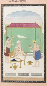 Ranjit Singh sentado em uma cadeira de ouro, com a presença de um portador da moralidade, c.1830