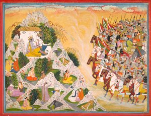Avanço do Exército de Jarasandh em direção a Krishna e Balaram, Folio do Mahabharata, k. 1500-1312. de Purkhu