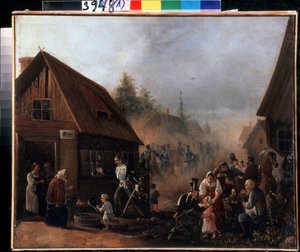 Cena da Guerra Russo-Francesa em 1812 (Cena da Guerra Russo-Francesa em 1812). Pintura de Pyotr Ilyich Baykov (1817-?). Óleo sobre tela, 45,3 x 55,5 cm de Pyotr Baykov