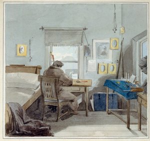 No trabalho. Na Casa de Pavel Nashchokin (1801-?) (Moscovo). (No Trabalho. Na Casa Pavel Nashchokin). Trabalho de Pyotr (Piotr) Fyodorovich Sokolov (Peter Sokolov) (1791-1848), aguarela sobre papel de Pyotr Fyodorovich Sokolov