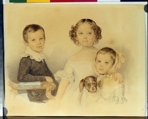 Retrato das crianças Lanskoy. Obra de Pyotr (Piotr) Fyodorovich Sokolov (Peter Sokolov) (1791-1848), aguarela sobre papelão de Pyotr Fyodorovich Sokolov
