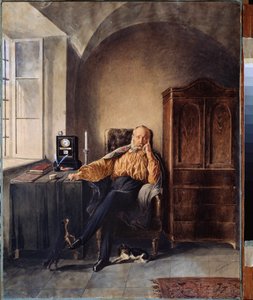 Retirar. (Um homem sozinho, absorvido nos seus pensamentos na sua secretária). Trabalho de Pyotr (Piotr) Petrovich Sokolov (1821-1899), aguarela e branco sobre papel