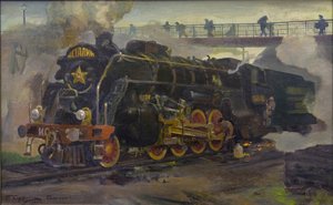 Locomotiva IS20 por Smukrovich, Pyotr Iosifovich (1878-1942). Óleo sobre tela, tamanho: 55x89 de Pyotr Iosifovich Smukrovich
