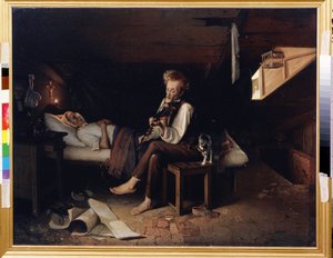 Um violinista louco no leito de morte de sua mãe (Um violinista louco no leito de morte de sua mãe). Em um quarto miserável do sótão, uma mulher morta está deitada em sua cama com as mãos cruzadas sobre o peito, sob um crucifixo aceso pela chama. de Pyotr Sysoyevich Kosolap