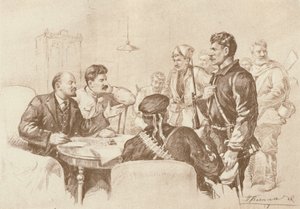 Lenin e Stalin falando aos guardas vermelhos no Smolny, 1917, 1939. de Pyotr Vasilyev