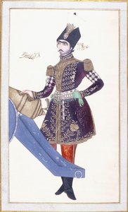 Retrato de Nasir al-Din Shah, mão descansando em um canhão, c. 1853-4
