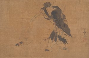 Zhang Guolao e a sua mula mágica (folha de álbum; tinta e cor sobre seda) de Qi Yin