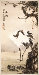 Guindaste sob um pinheiro (rolo pendurado, tinta e cor no papel) de Qifeng Gao