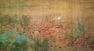 A visita do imperador Kang Shi a Kiang-Han em 1699, depois de Chaio Ping Chen (1661-1722) (tinta e cor em papel de seda) de Qing Dynasty Chinese School