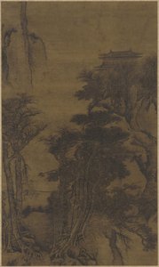Paisagem, com, templo, e, viajantes