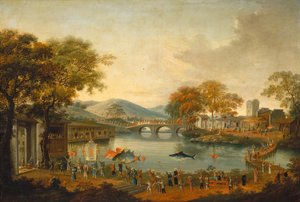 Procissão por um lago (óleo no tecido)