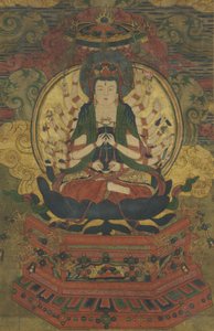 Guanyin de mil braços (tinta, cor e ouro em seda)