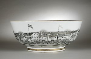 Punch bowl pintado com armazéns ou Hongs, Cantão (Guangzhou)