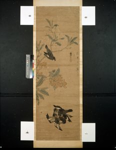 Aves e ramo de Qing Dynasty Chinese School
