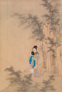 Duas figuras que se abraçam na Paisagem de Qiu Ying