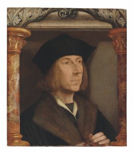 Retrato de um cavalheiro, na altura do busto, com um casaco forrado de pele, rezando um rosário, situado em um ambiente arquitetônico (óleo no painel) de Quentin Massys or Metsys