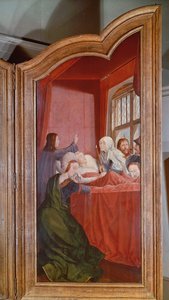 O parentesco sagrado, ou o retábulo de Santa Ana, detalhe do painel direito representando a morte de Santa Ana, 1509 de Quentin Massys or Metsys
