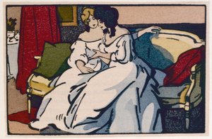 A Duquesa de Langeais a visitar a viscondessa de Beauseant, ilustração de "Le Pere Goriot" de Honore de Balzac, publicada em 1922
