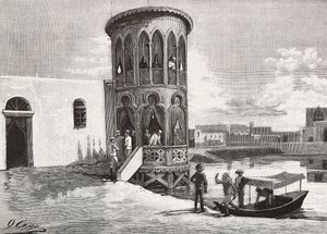 Uma pequena torre moura que acolhe o clube dos dirigentes italianos, Massawa, Eritreia, gravada a partir de um desenho de Quinto Cenni e de um esboço de Pieragostini, de L