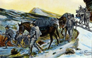 Primeira Guerra Mundial: grupo de caçadores alpinos italianos em reconhecimento com as suas mulas em 1915. Ilustração de Quinto Cenni (1845-1917) de Quinto Cenni