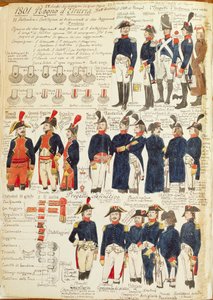 Uniformes militares do Reino da Etrúria, de 1801. Placa colorida por Cenni Quinto de Quinto Cenni