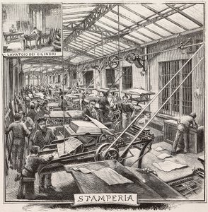 Gráfica na editora Fratelli Treves, Milão, Itália, gravura de desenho de Quinto Cenni, de L