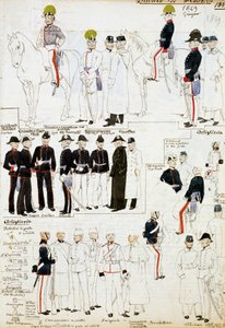 Uniformes do Ducado de Modena em 1849, placa da colecção de esboços militares Cenni Codex em aguarela de Quinto Cenni