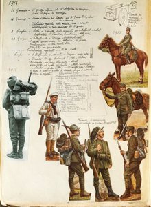 Uniformes do exército italiano durante a Primeira Guerra Mundial, por Quinto Cenni, placa colorida