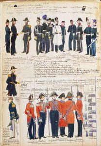 Uniformes do exército piemontês de 1845-1846. Placa colorida por Cenni Quinto de Quinto Cenni