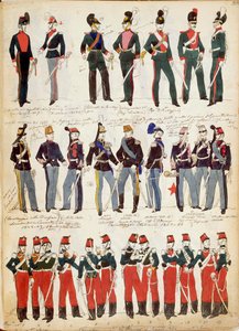 Vários uniformes italianos de uso comum por volta de 1860 por Quinto Cenni, placa de cor