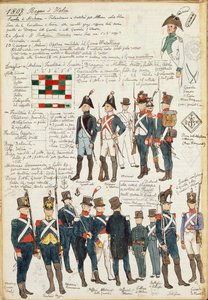 Vários uniformes do Reino de Itália de 1807. Placa colorida por Cenni Quinto de Quinto Cenni